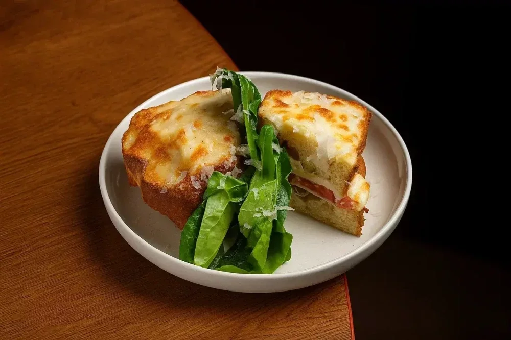 Бриошь с ветчиной, моцареллой, томатами и соусом Вителло тоннато