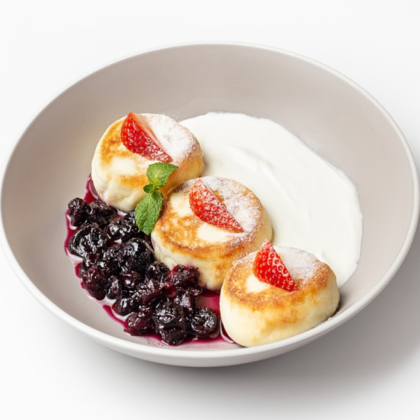 Сырники со сметаной и малиновым вареньем