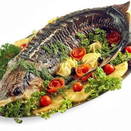 Осетр фаршированный семгой и белыми грибами