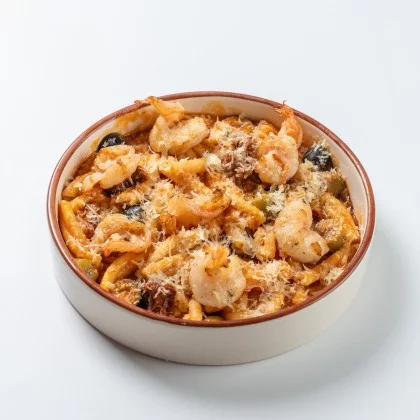 Казарече с креветкой и чесноком конфи