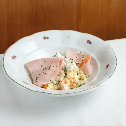 Оливье с мортаделлой и страчателлой