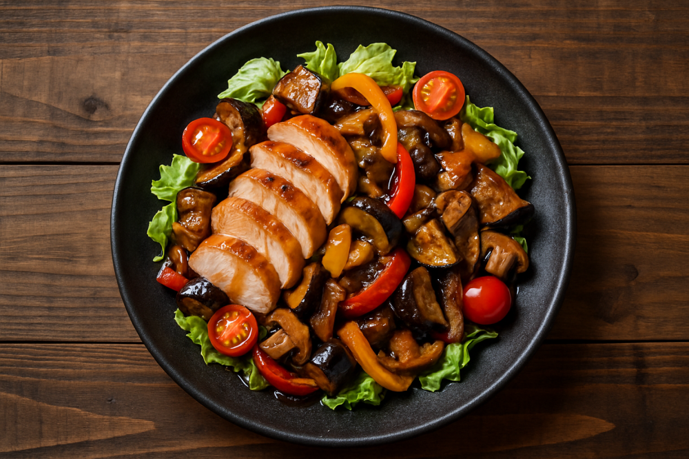 Теплый тайский салат с баклажанами и курицей