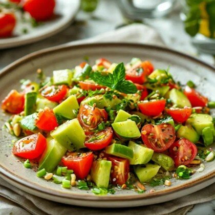 Салат из огурцов, помидоров, миксом салатов и авокадо