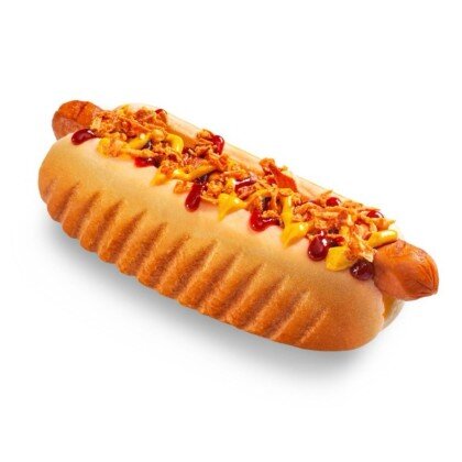 Хот-дог «Датский» с луком фри и маринованным огурчиком