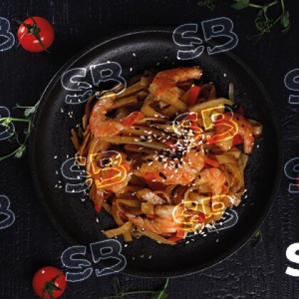 Удон с креветкой в соусе терияки