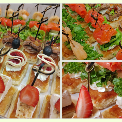 Набор «Гранд» из 30 канапе на слоёном тесте

В наборе:
-Говядина, творожный сыр, вяленые томаты - 6 шт
-Форель, огурец, лист салата, творожный сыр - 6 шт
-Креветка, творожный сыр, лист салата - 6 шт
-Салями, маслины (оливки), творожный сыр - 6 шт
-Сыр Бри + сезонные ягоды или фрукты - 6 шт

ВНИМАНИЕ!
Гастробоксы доступны к оформлению только предзаказом за 2-3 дня, предоплата 50%.
Срочные заказы обсуждаются индивидуально.