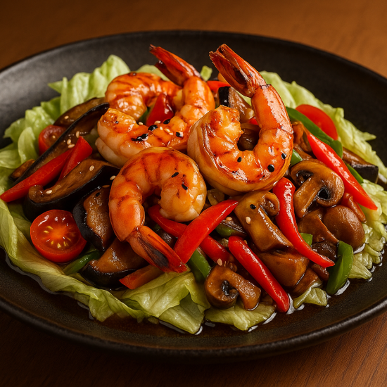 Теплый тайский салат с баклажанами и креветкой